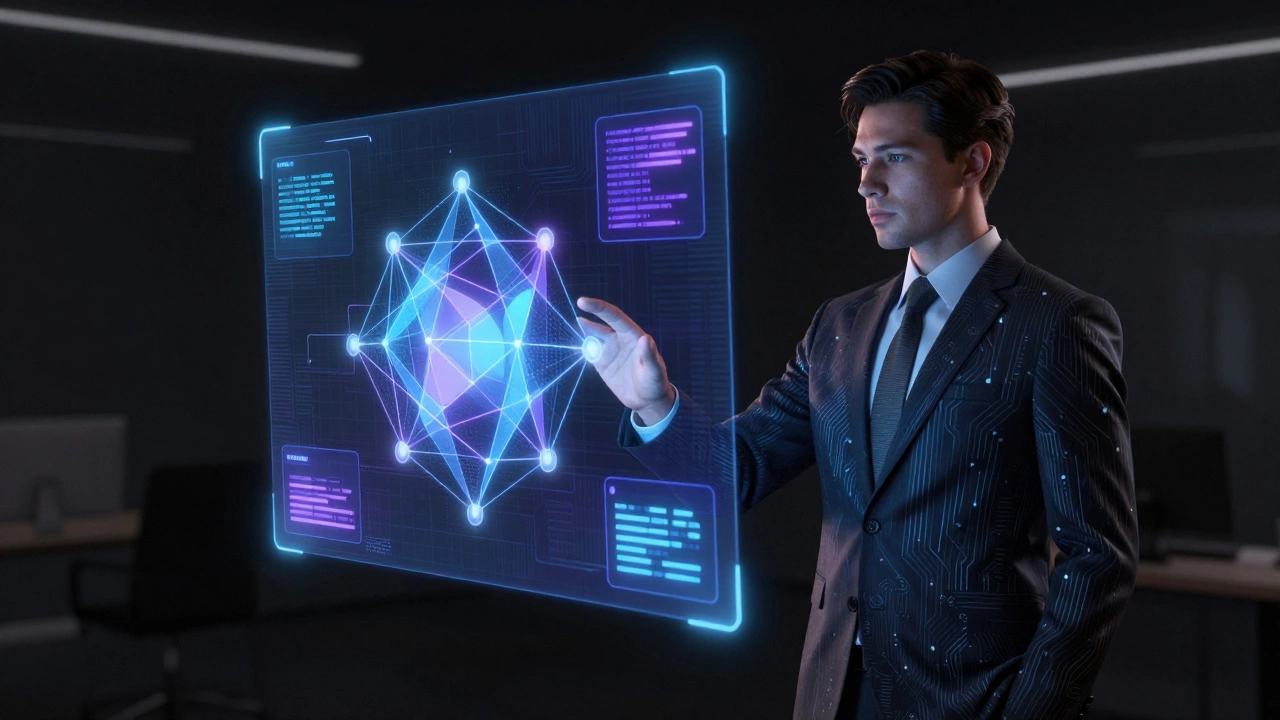 Business figure interacts with floating digital data and code in a dark room.