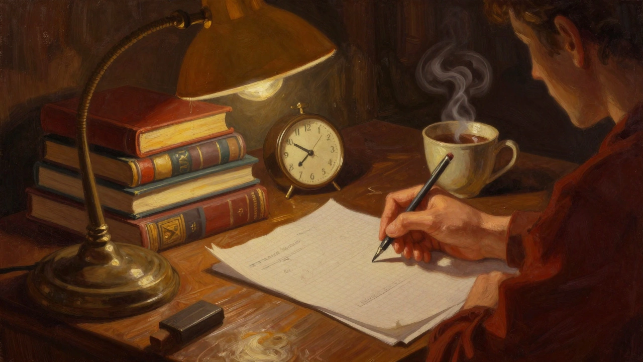 Close up of study desk with lamp pencils and books in warm light