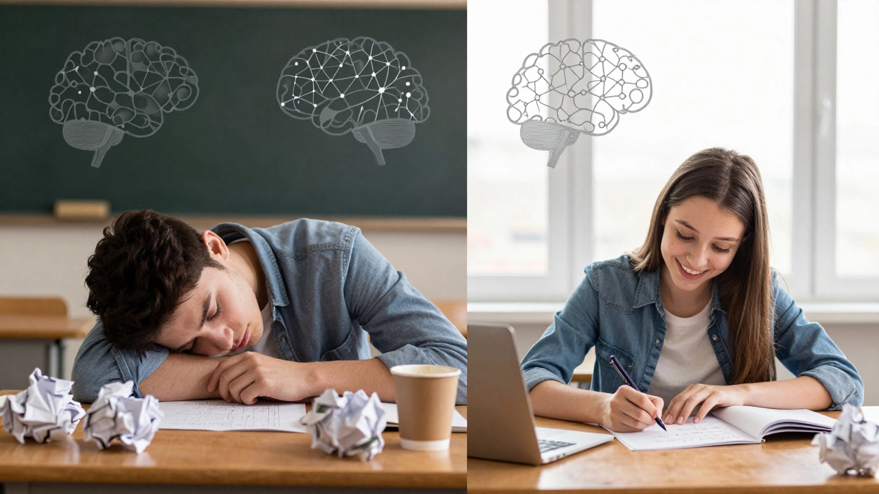 Contrasting images of a tired student at 3 a.m. versus a focused student at 6 a.m., showing sleep's impact on cognitive performance.