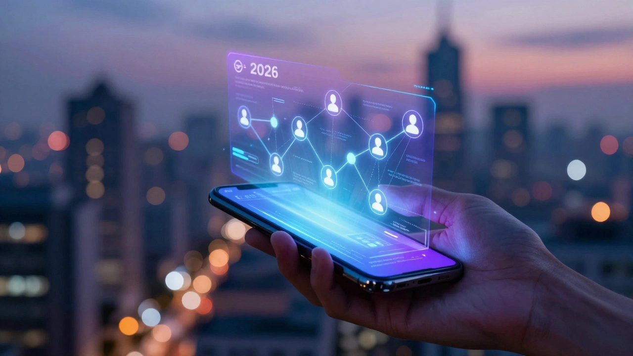 Futuristic concept of AI-powered personalized learning on a mobile device.