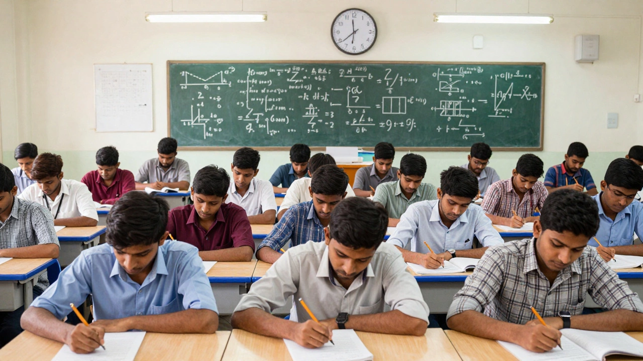 Hundreds of students taking the IIT JEE Advanced exam in a silent, intense testing environment.