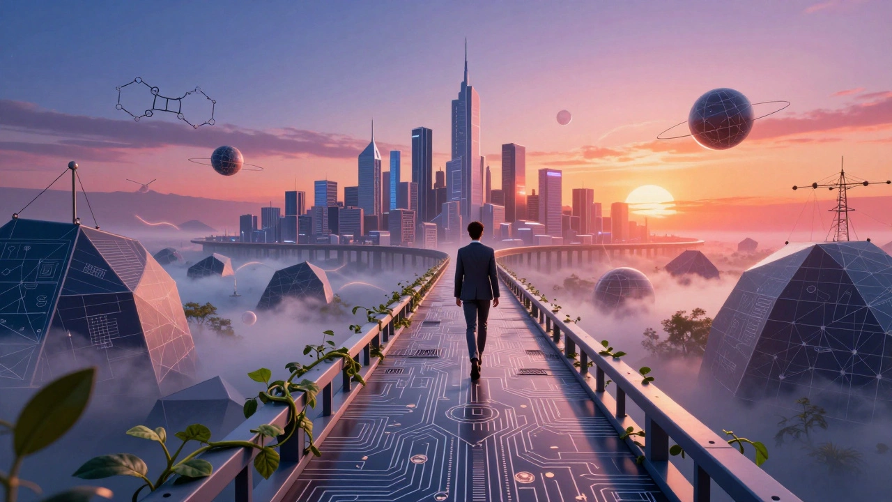 Person walking on geometric bridge toward futuristic city skyline