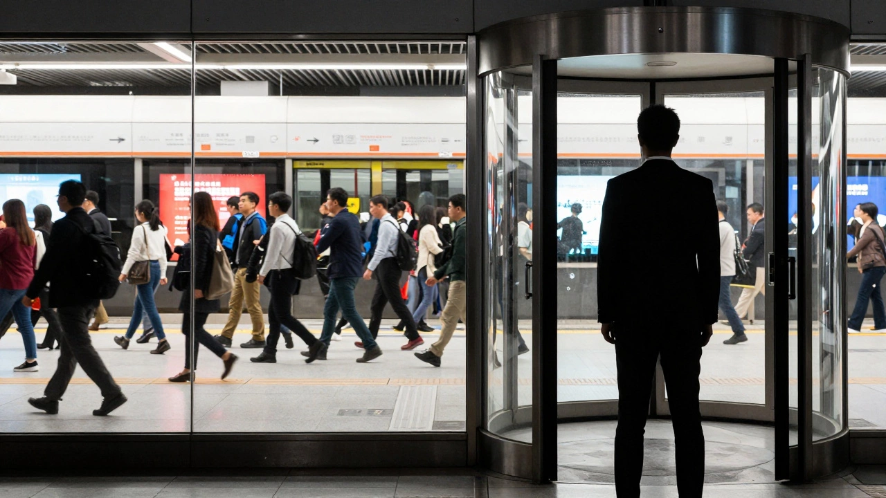 Silhouetted executive contrasts with a busy metropolitan transit scene background.