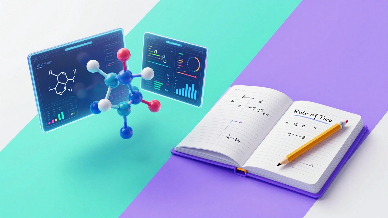 3D molecular model on a digital screen next to a physical study notebook