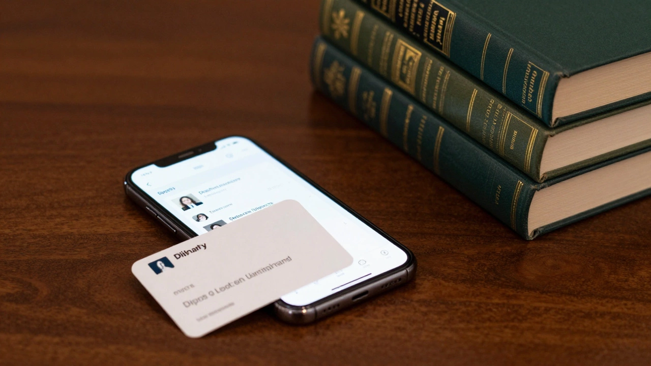 A library card and smartphone next to a stack of classic books on a wooden table.