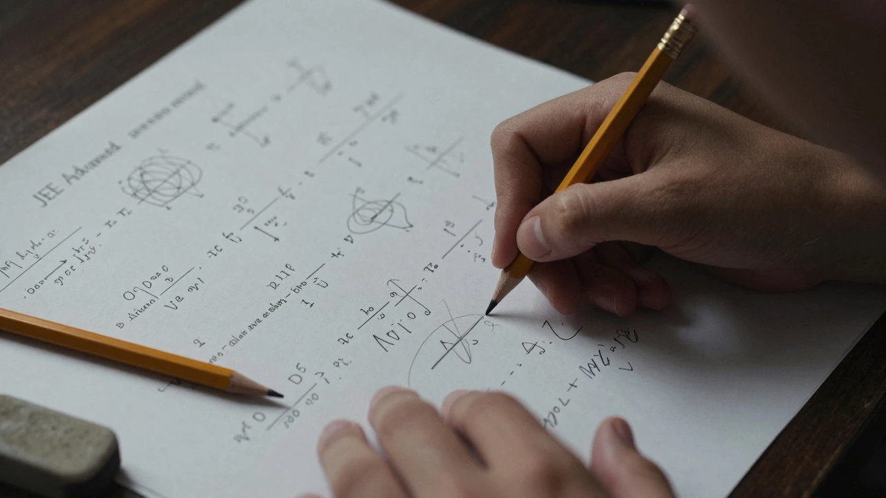 Close-up of hands solving complex mathematical equations on a rough sheet of paper.