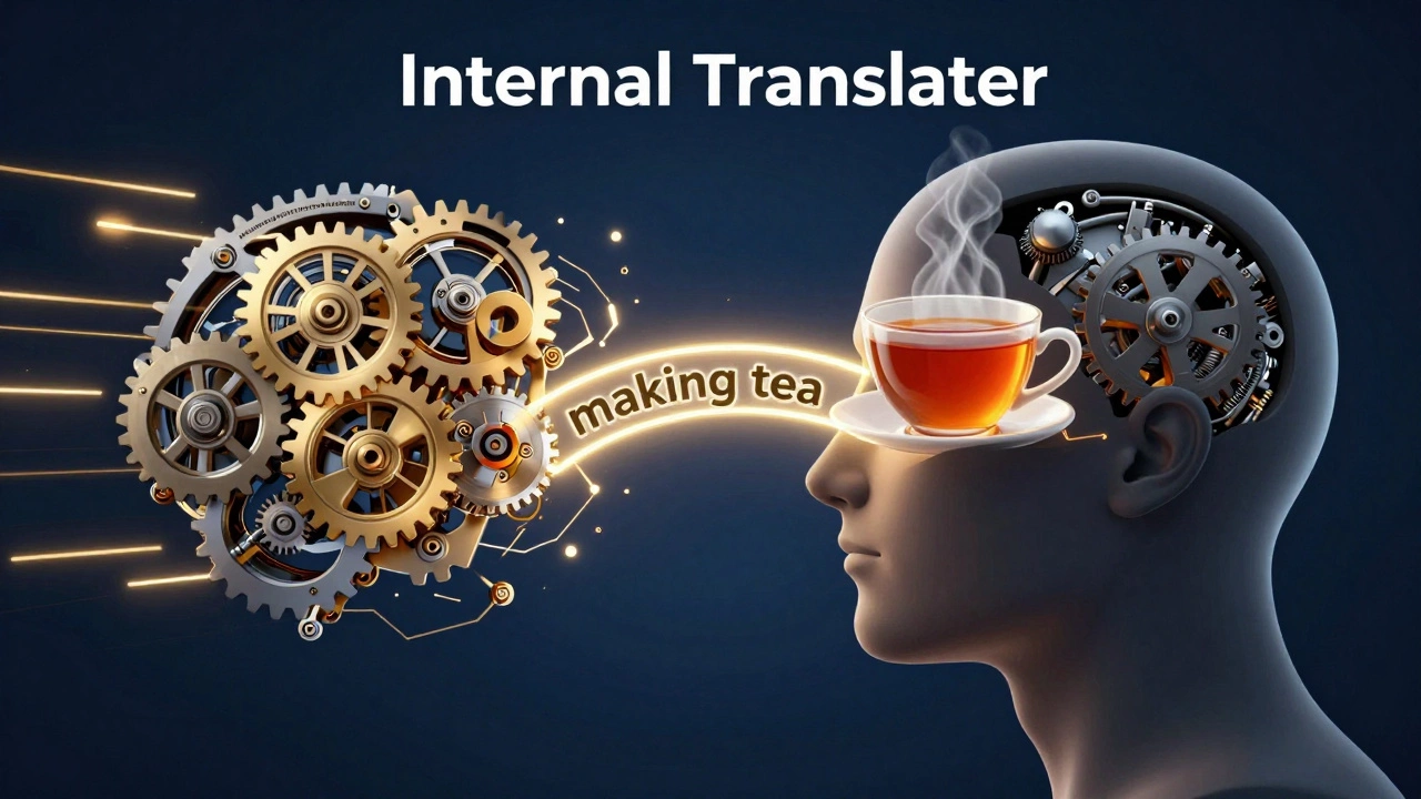 Conceptual art of a mental translation barrier breaking to show a direct link between images and English words.