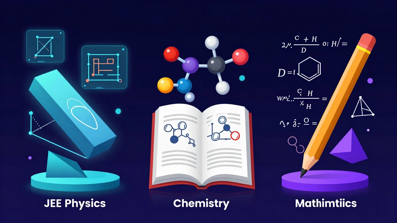 Conceptual illustration of Physics, Chemistry, and Mathematics learning elements.