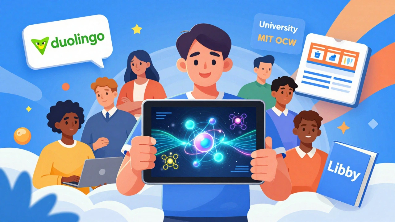 Digital illustration of people learning via apps with floating science and language icons.