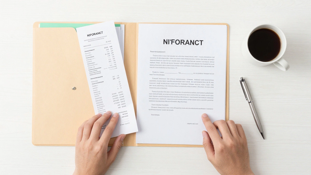 Hands organizing payment receipts and agreements in a folder on a white desk.