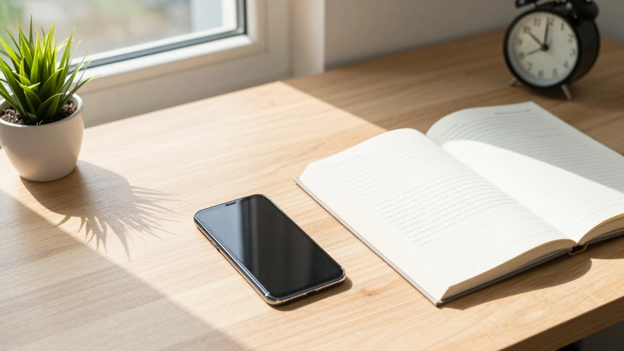 Smartphone and notebook on a wooden desk in bright morning light