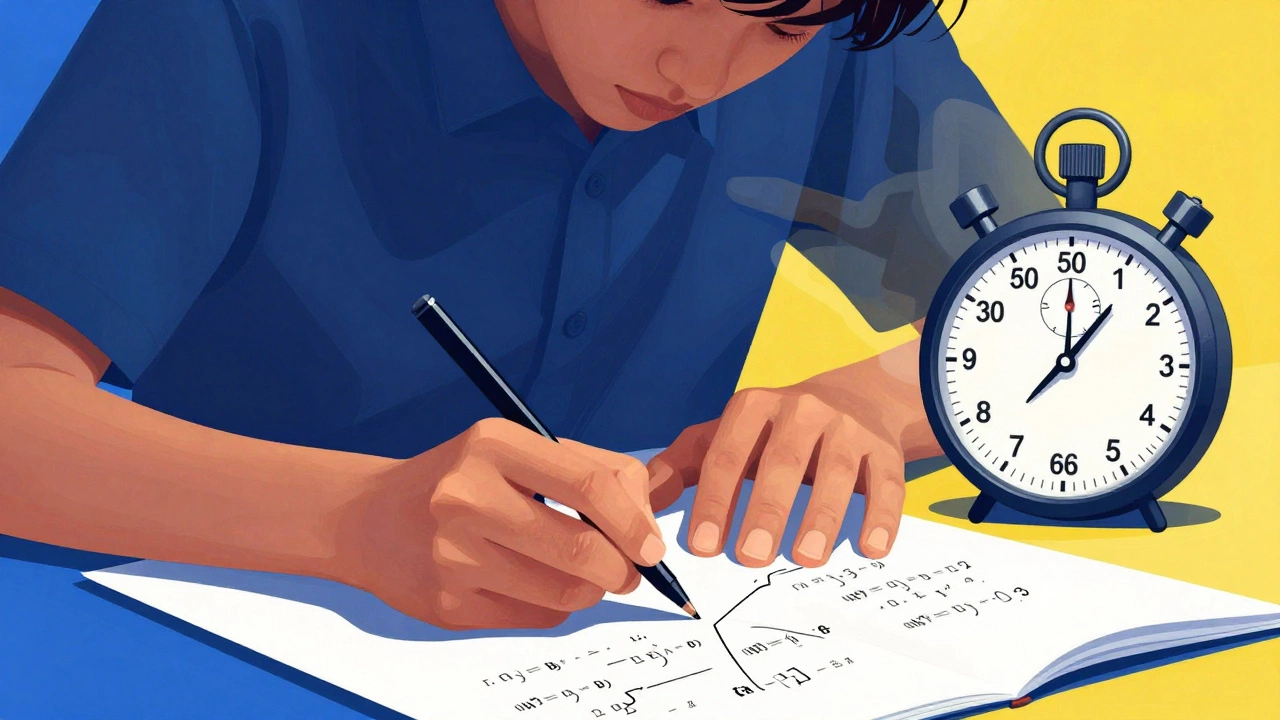 Student solving a complex math problem quickly with a stopwatch overlay
