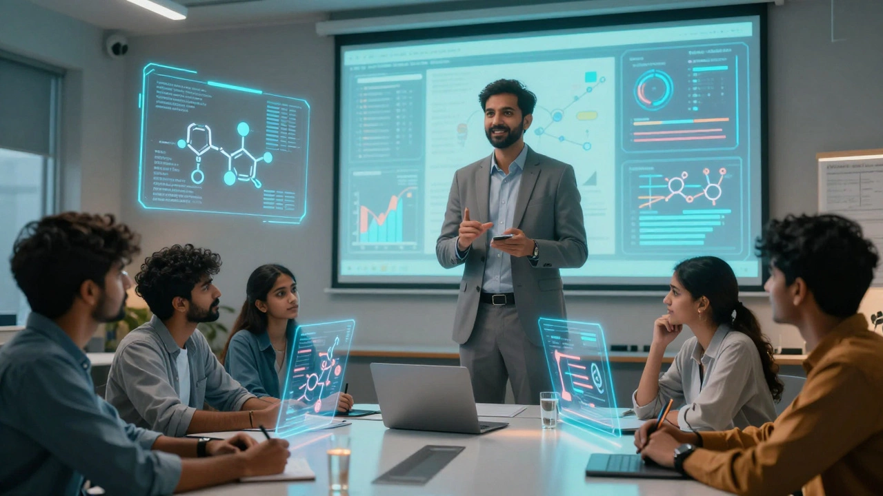 Students using AI holograms and digital screens for advanced JEE study