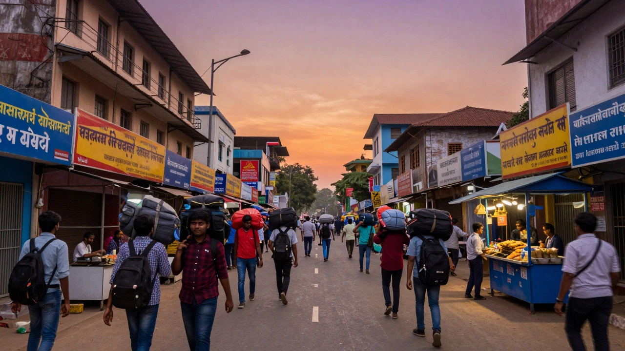 Busy street scene in Kota, India, near coaching institutes