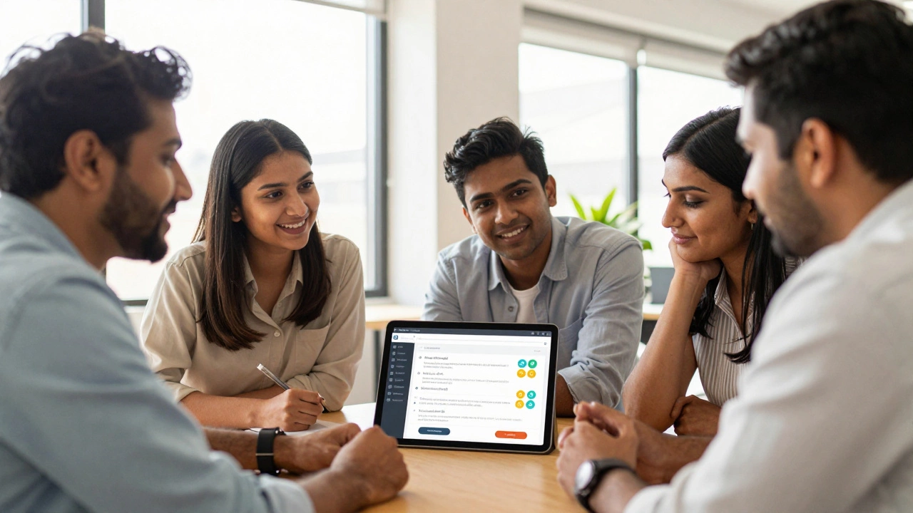 Diverse team collaborating on a digital learning platform in a sunny office.