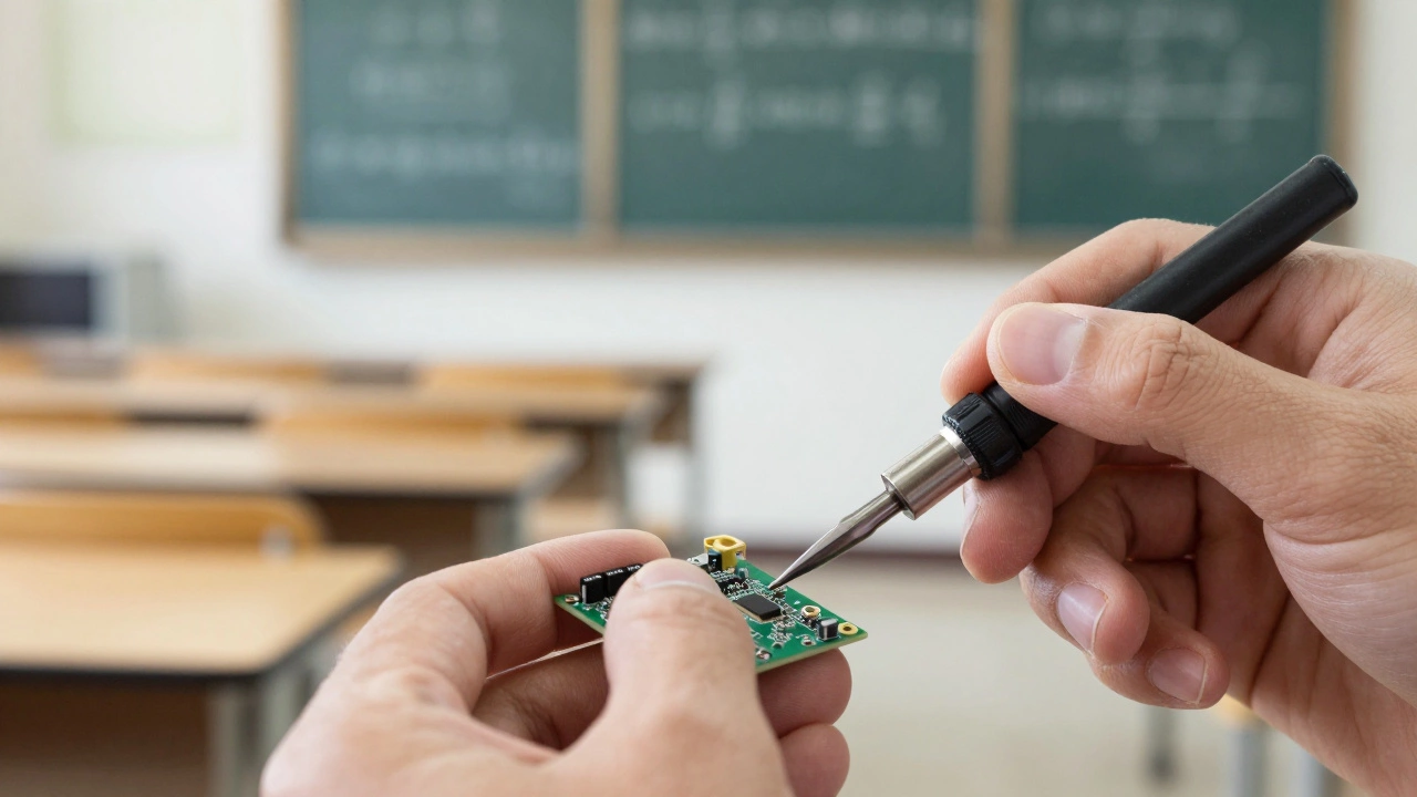 Hands performing technical repair work with lecture hall in background