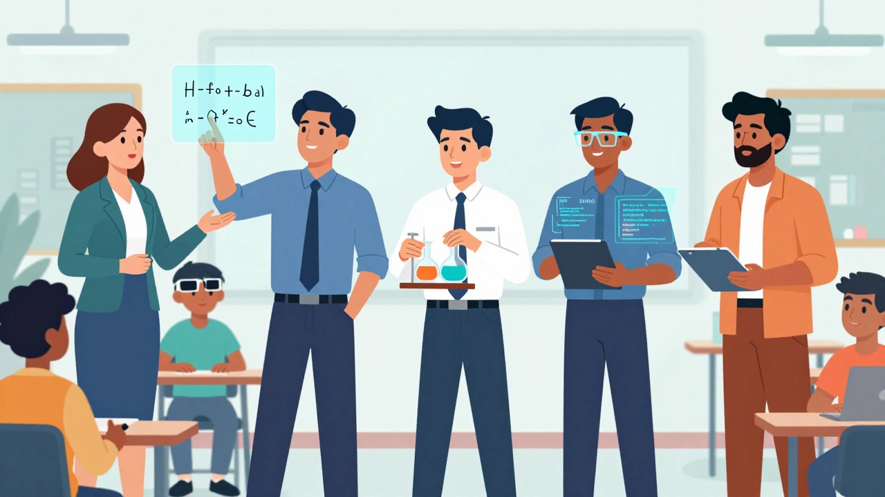 Illustration of five high-demand teachers: special ed, math, science, CS, ESL