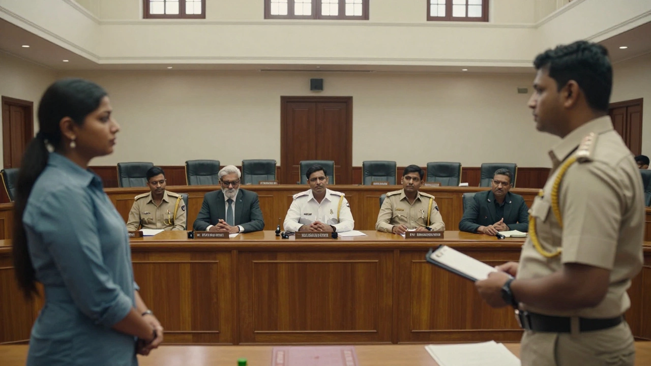 Job candidate facing a formal hiring panel in a municipal chamber