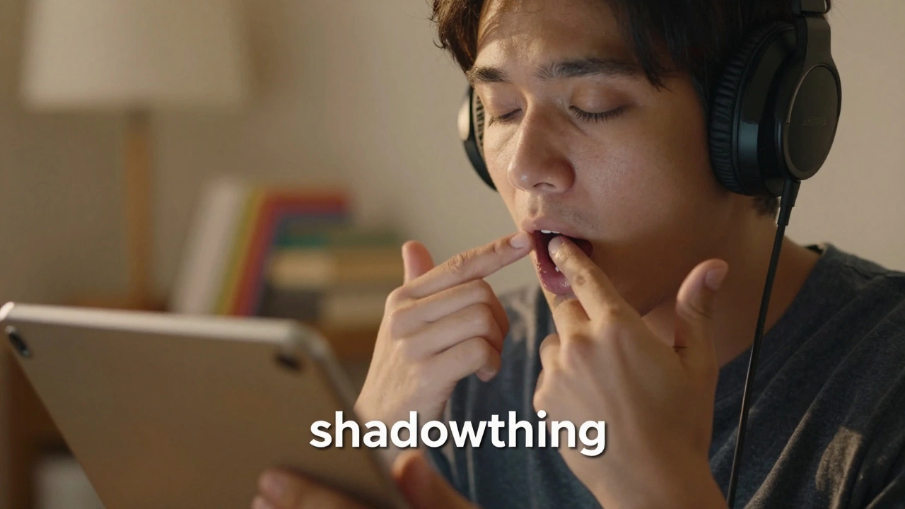 Person practicing shadowing technique with headphones