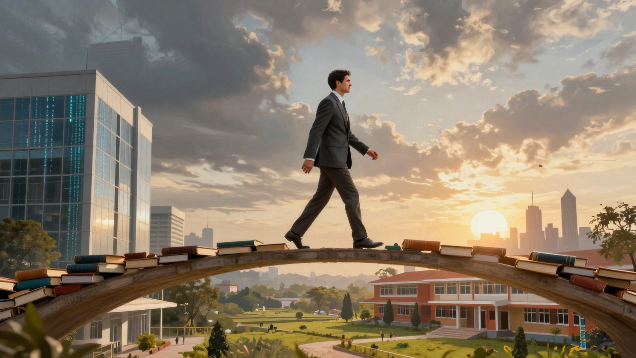 Professional crossing bridge from corporate office to school representing career switch