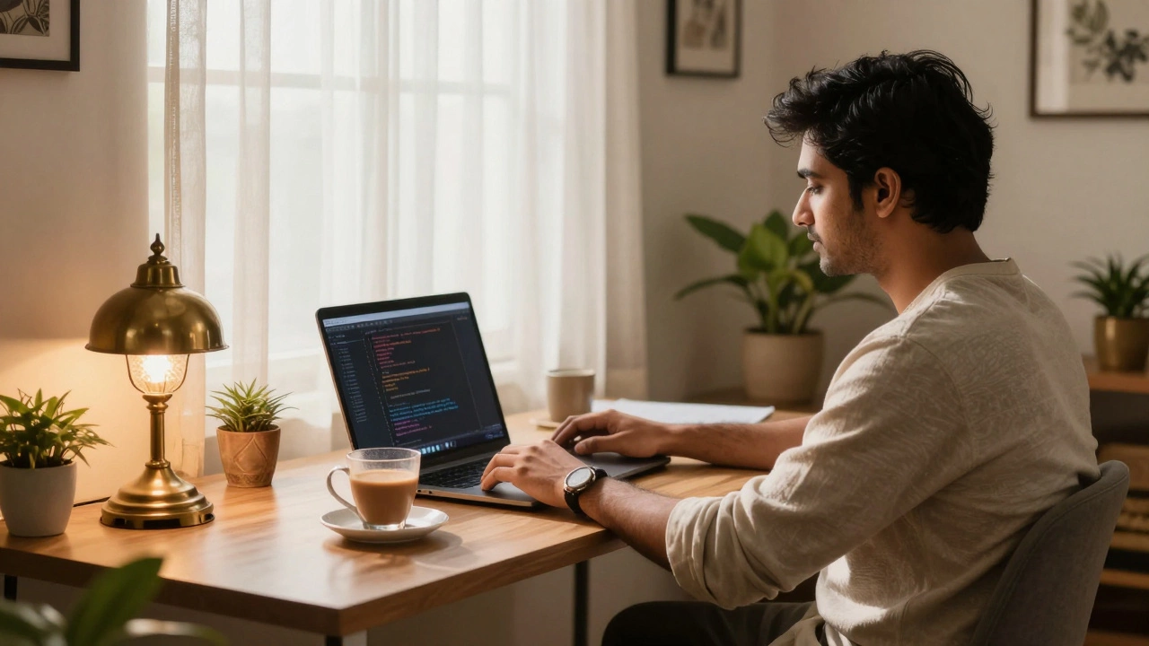 Relaxed remote coder working from a cozy home desk with chai