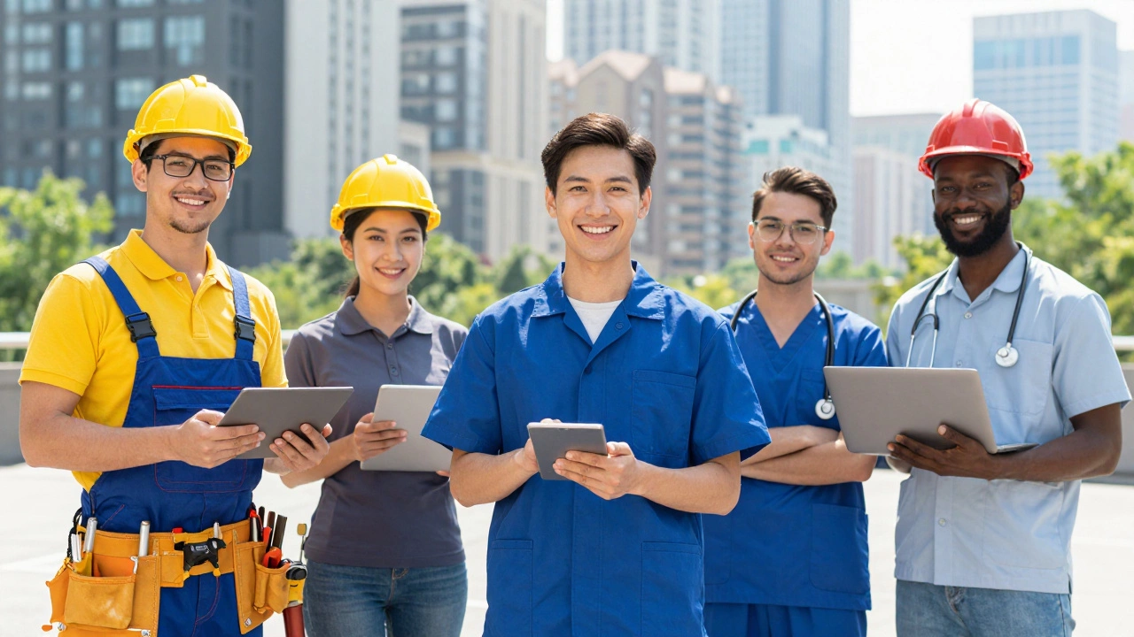 Skilled trade workers standing confidently in modern city setting