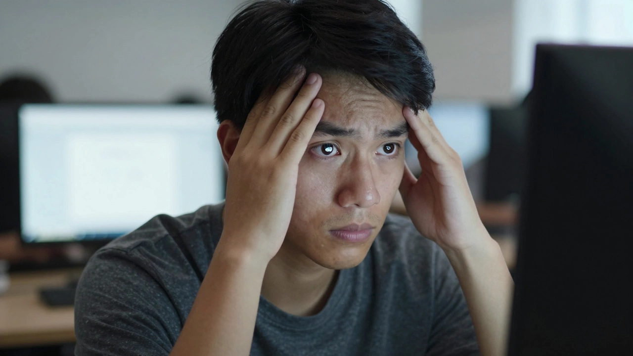Close up of a stressed student taking a timed computer exam in a testing center