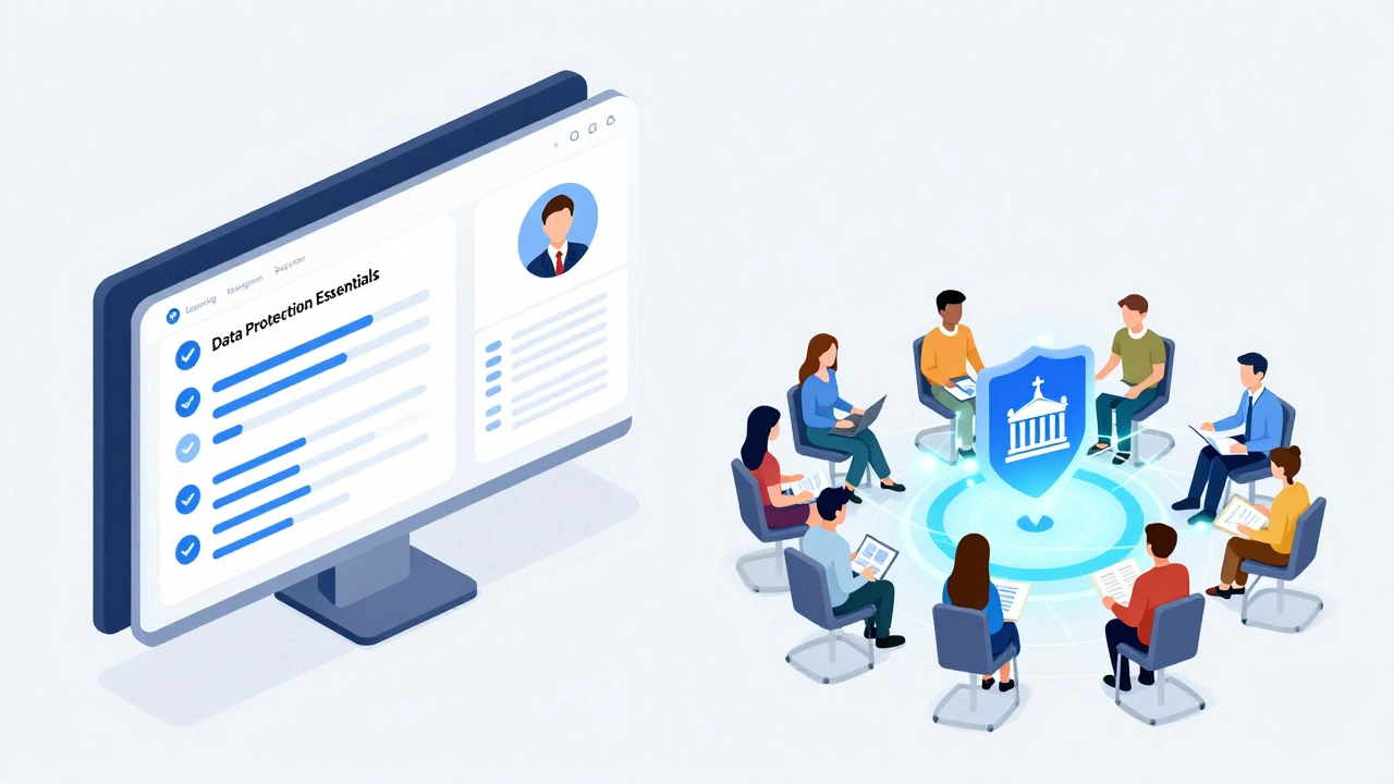 Conceptual art showing LMS dashboard and global students connecting online