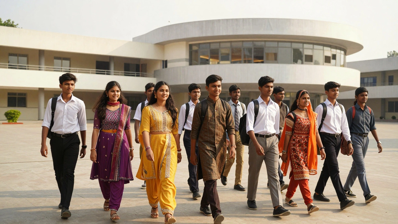 Diverse Indian students walking in a modern school courtyard