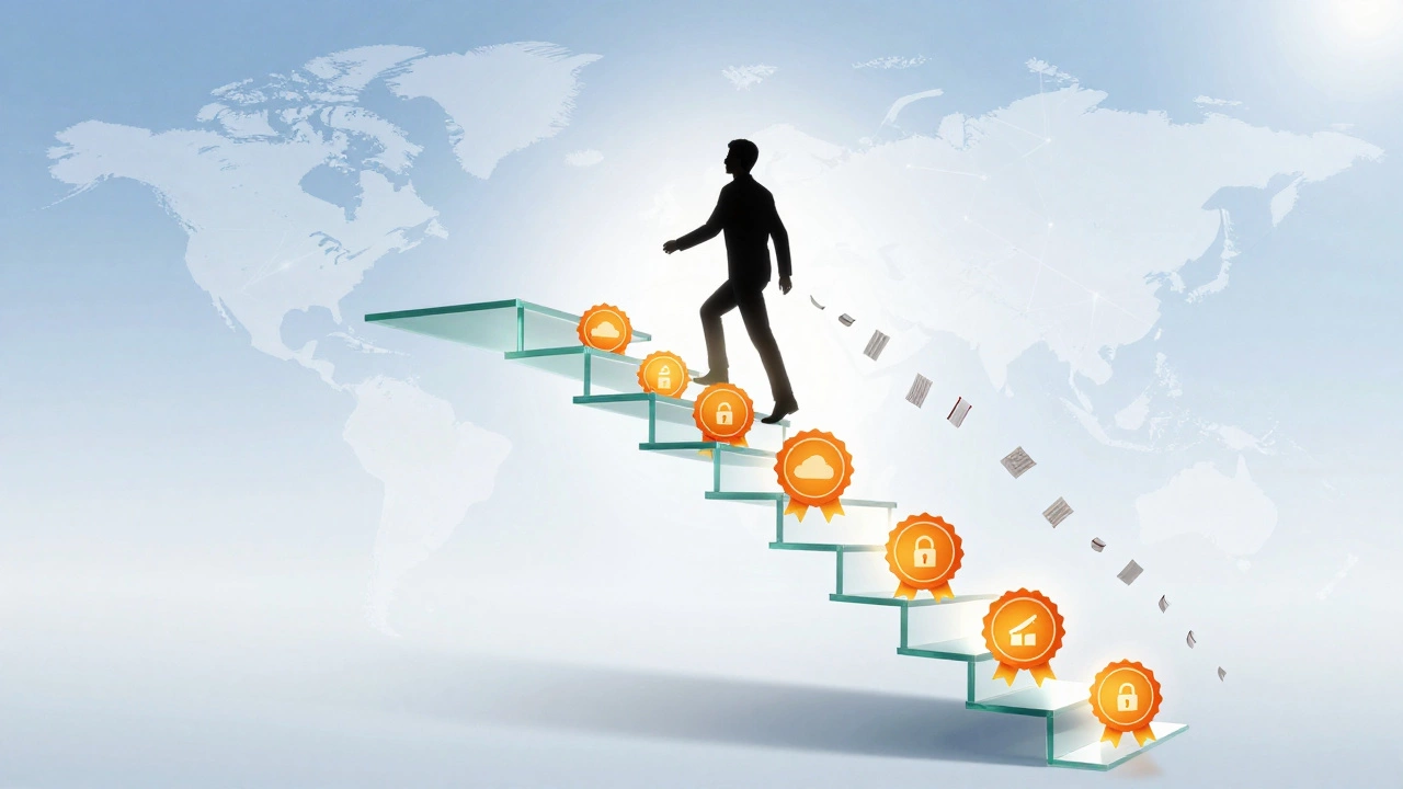 Glass staircase with certification badges leading to success
