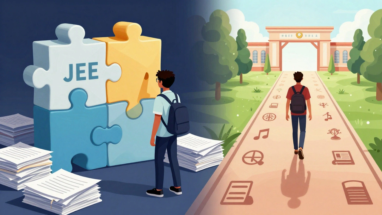 Illustration contrasting Indian exam pressure with American holistic college application process