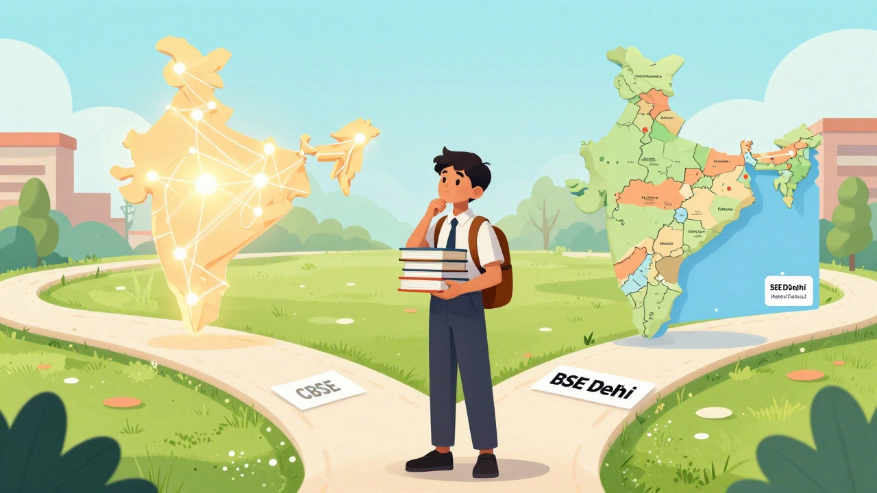 Student at crossroads choosing between national CBSE path and local Delhi board path.