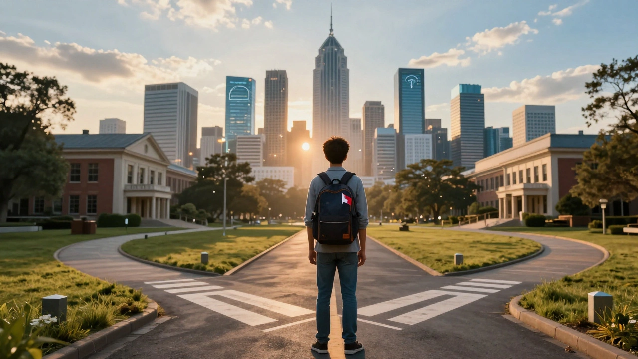 Student at crossroads choosing between tech startup path and traditional career route