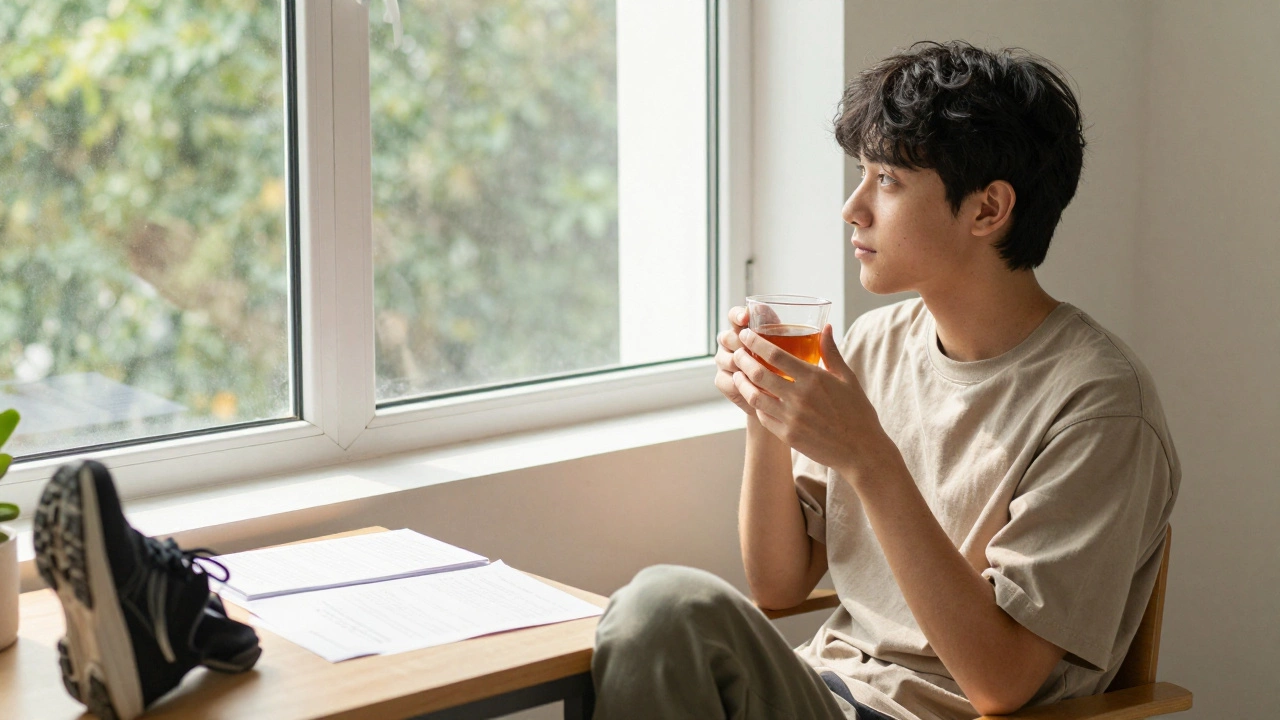 Student resting with tea near a window, emphasizing balance and burnout prevention