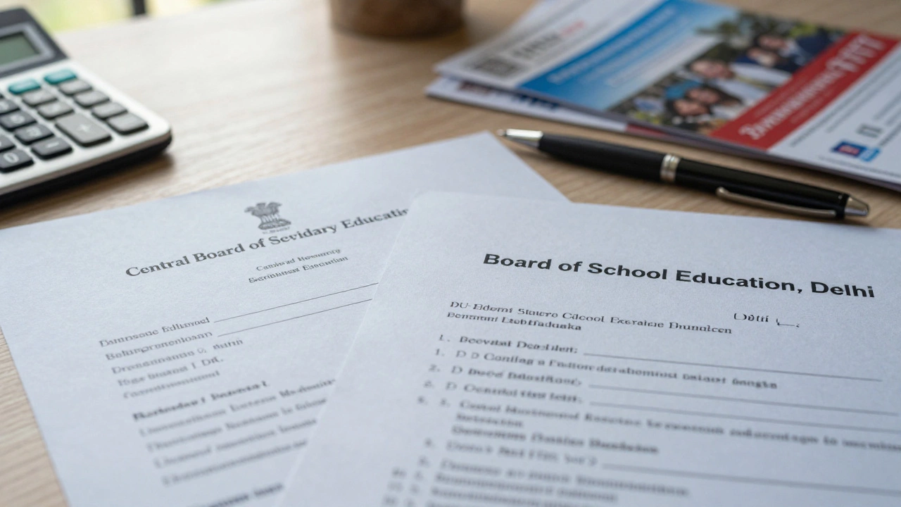 Two exam mark sheets comparing CBSE and Delhi Board headers on a study desk.