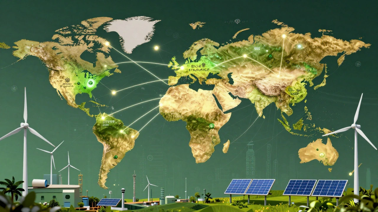 Abstract map showing sustainable global supply chains and green energy