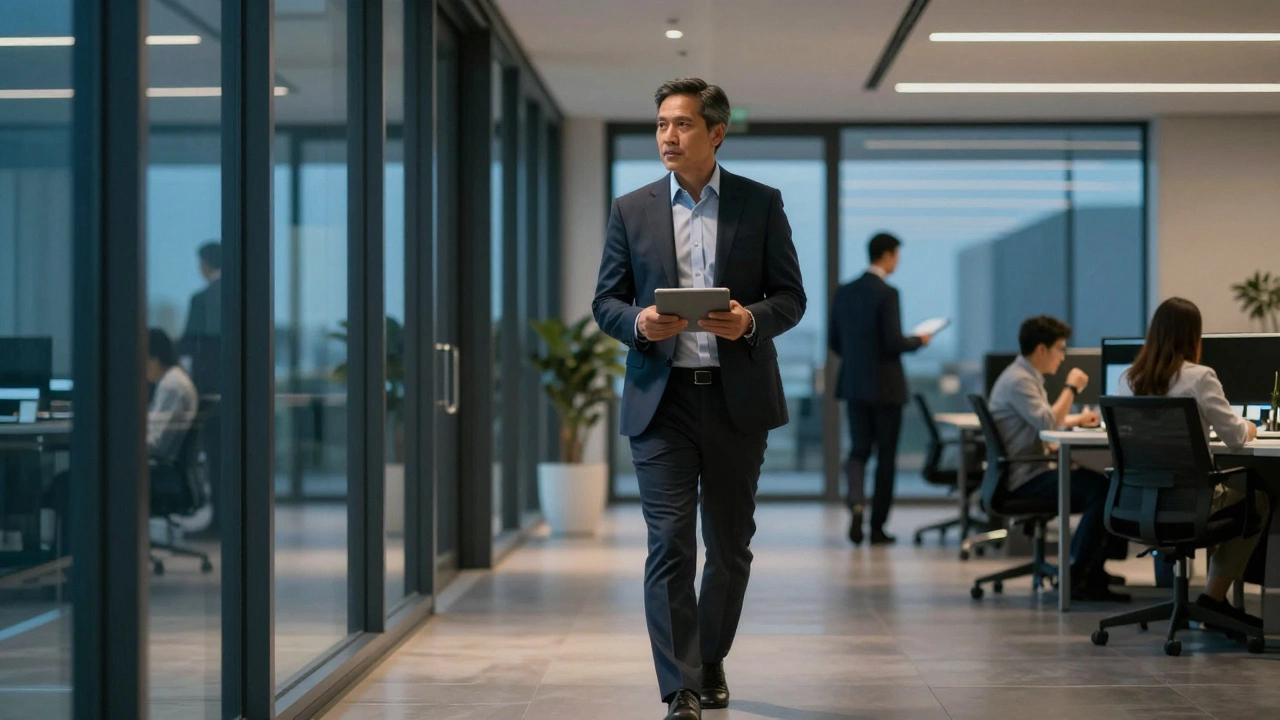 Executive walking confidently through a modern office at dusk.