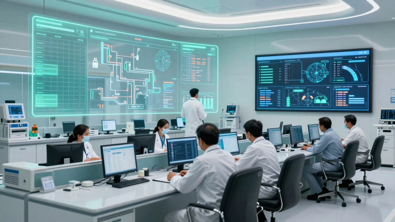 Hospital administrators monitoring healthcare logistics on digital screens