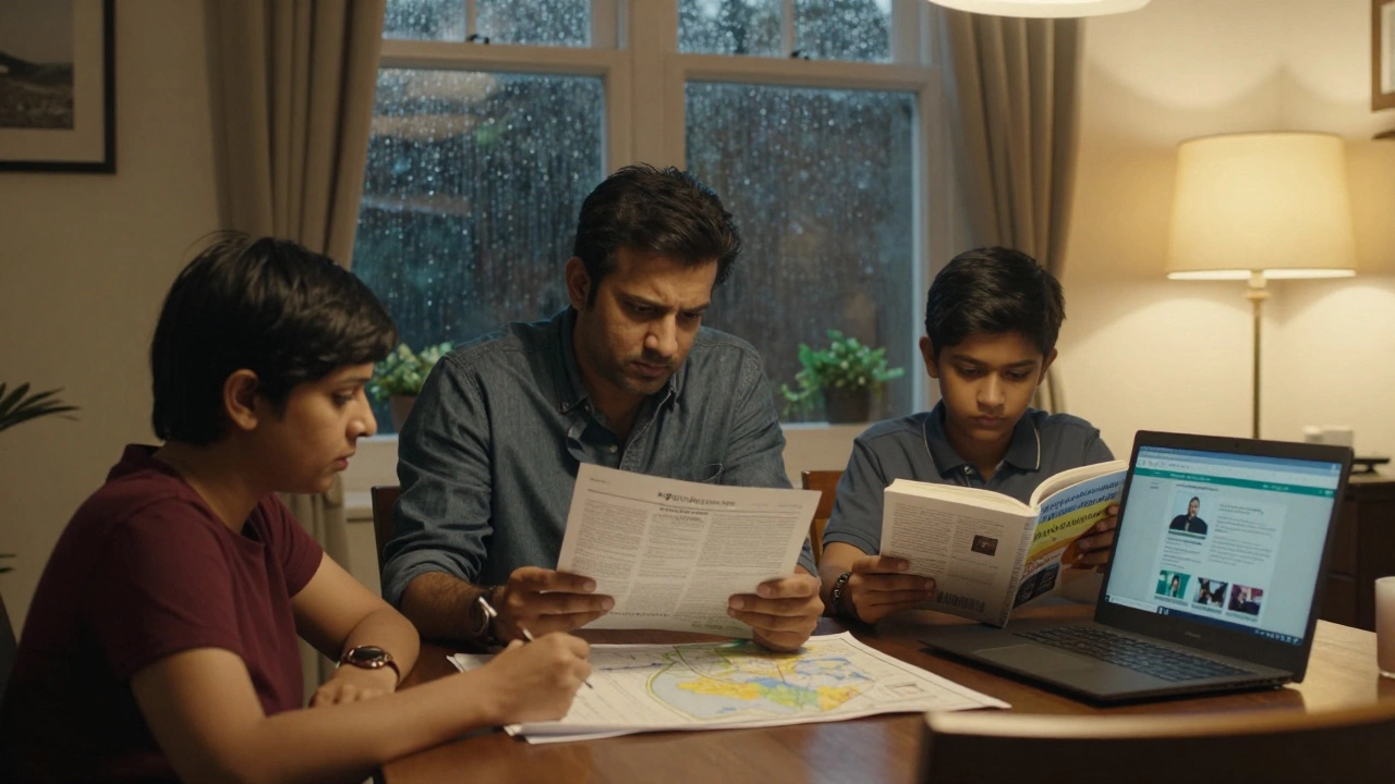 Indian expat family in London discussing school options over dinner table