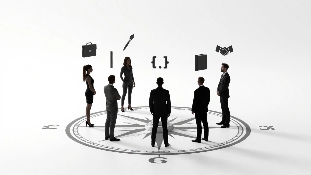 Silhouettes on a compass platform with icons representing different learner personas.