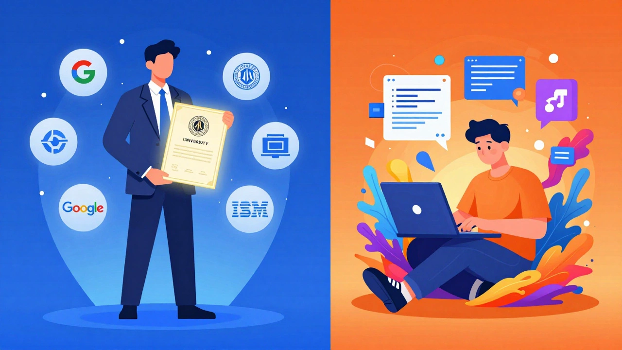Split illustration contrasting professional certification with hands-on creative coding.