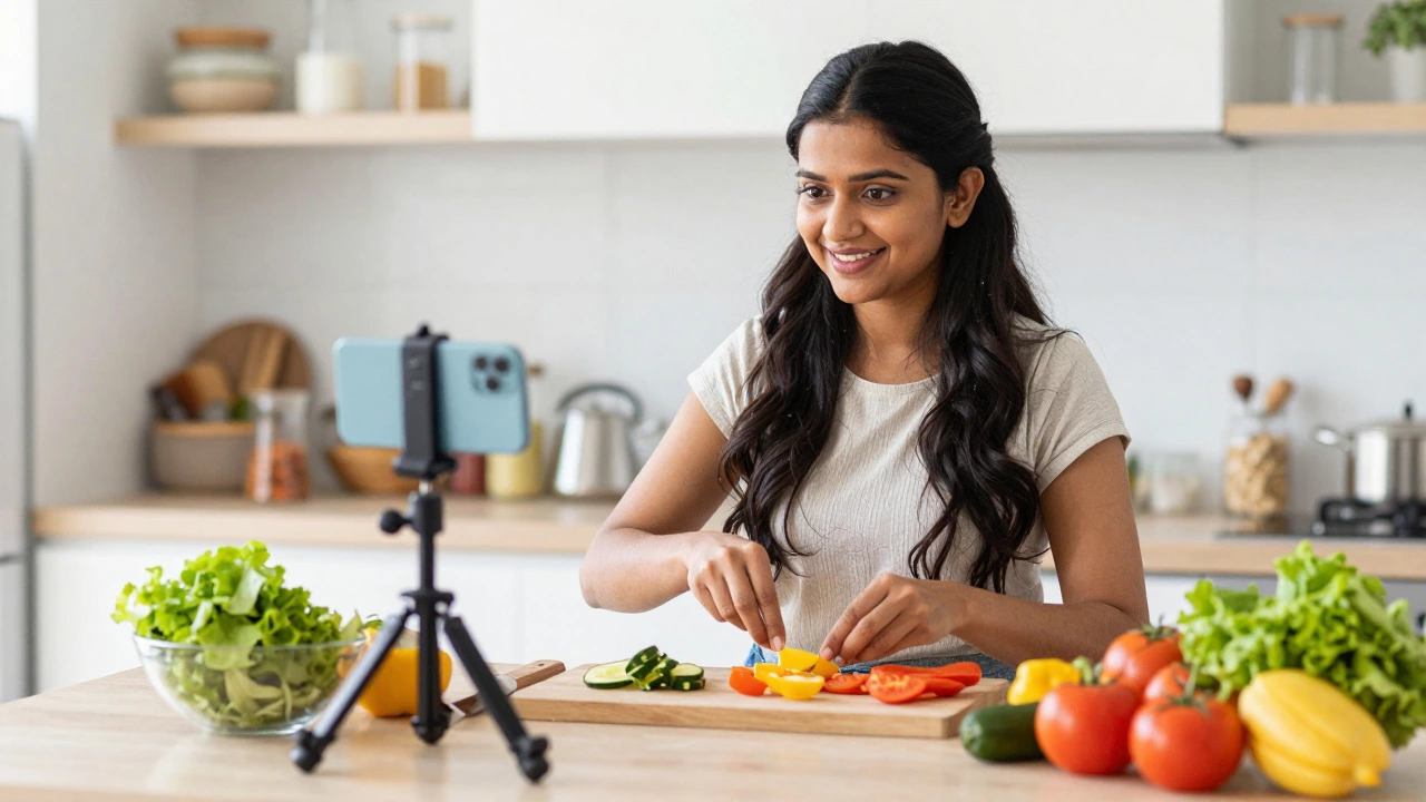 Woman filming cooking hobby in kitchen for online content creation