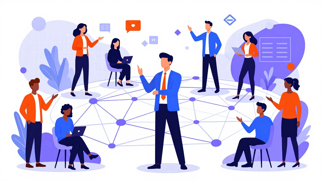 Abstract illustration of a professional navigating a network of connections and strategies