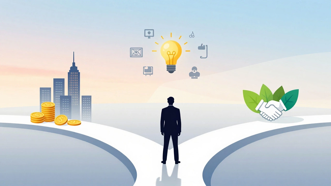 Abstract illustration of career paths in finance, tech, and impact