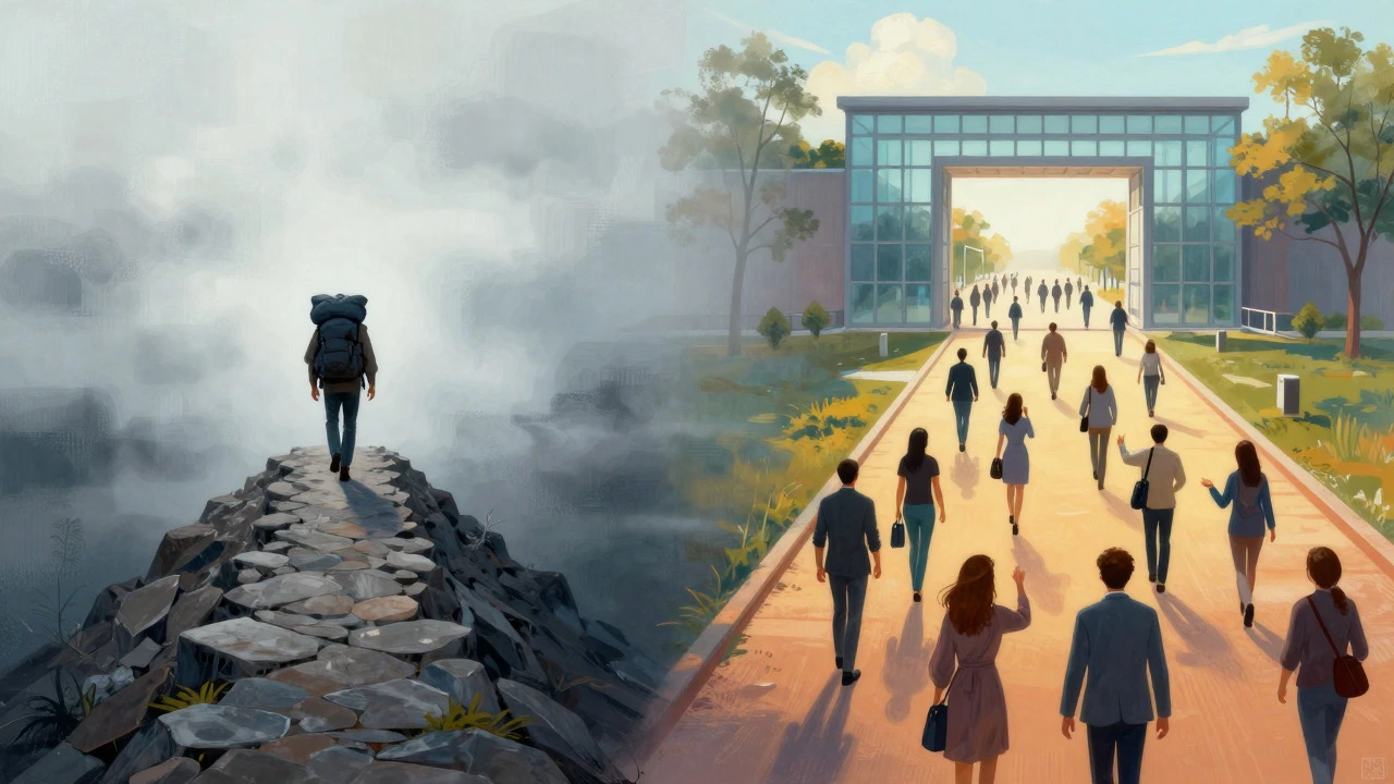 Artistic depiction of two diverging career paths: one solitary and steep, the other collaborative and bright