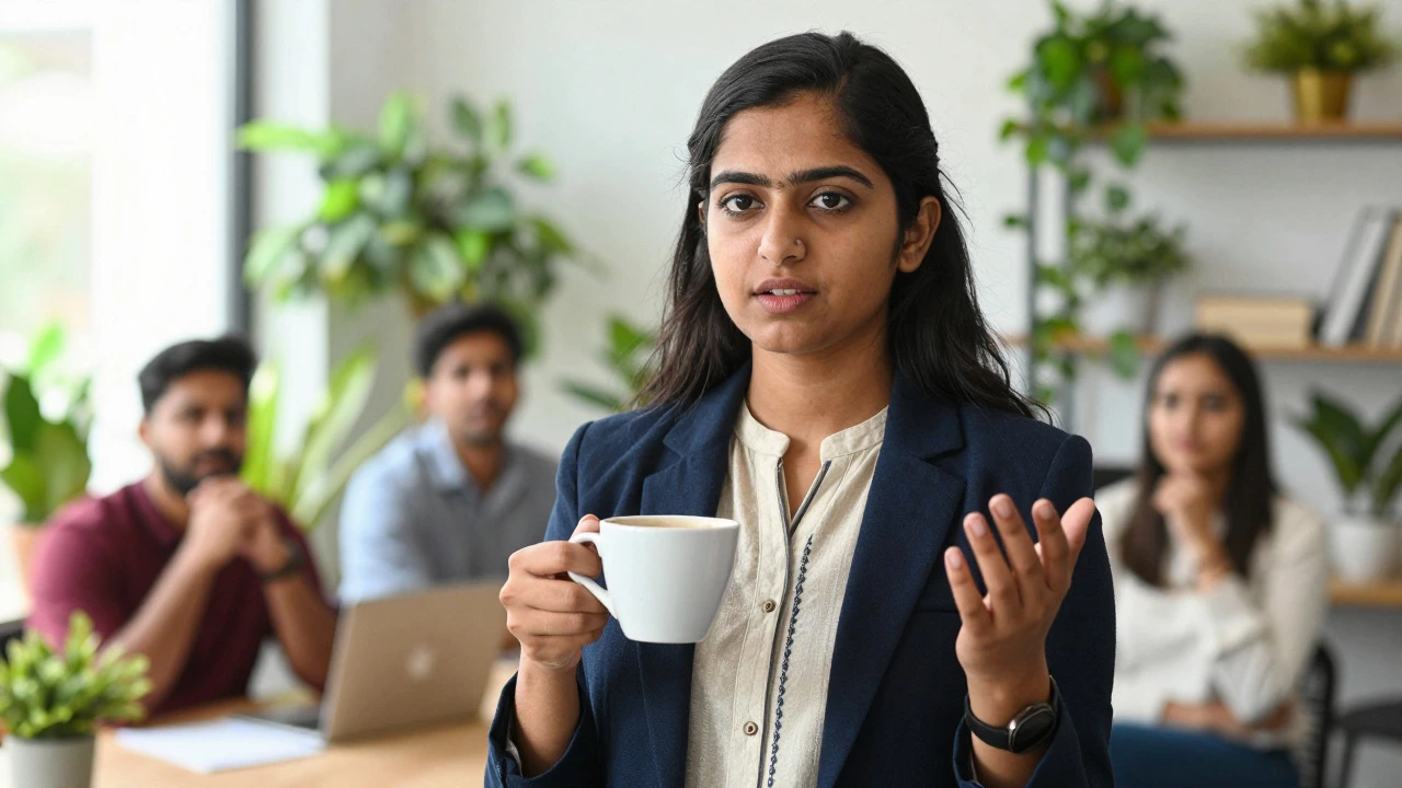 Confident Indian entrepreneur pitching ideas in a bright co-working space