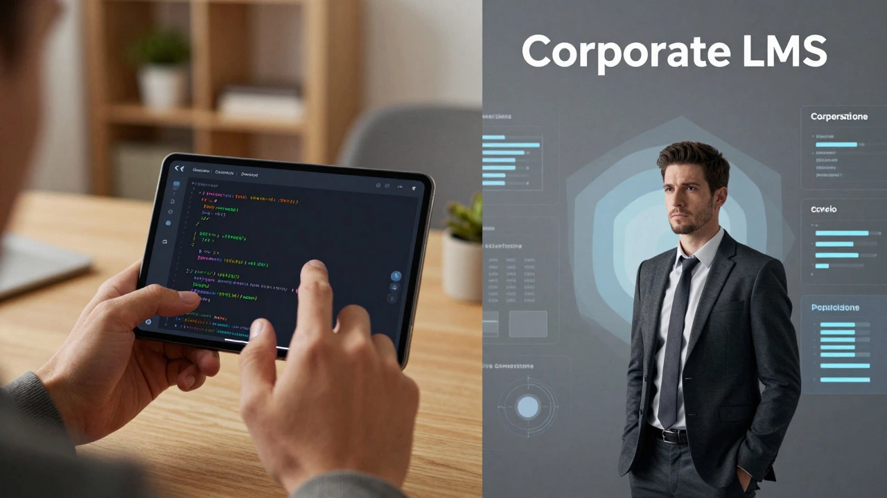 Contrast between casual mobile coding and formal corporate training systems