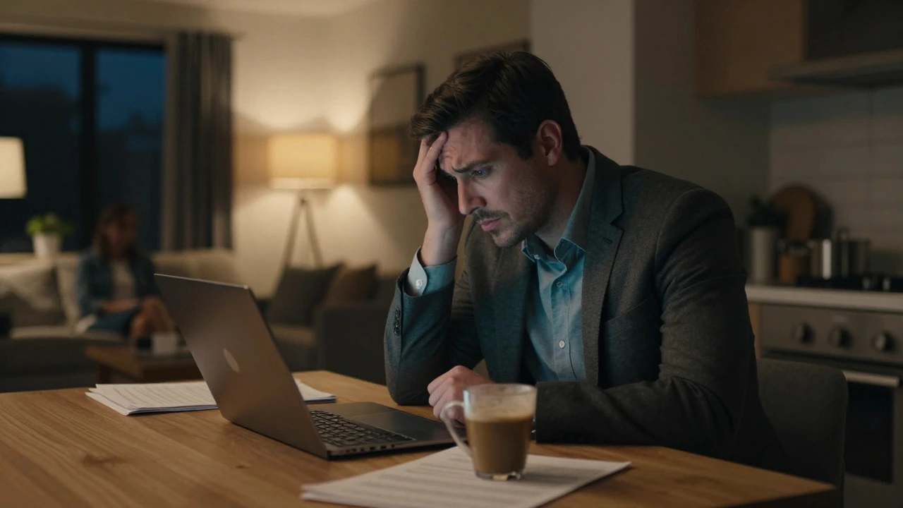 Exhausted working professional studying at home late at night under warm lamp light