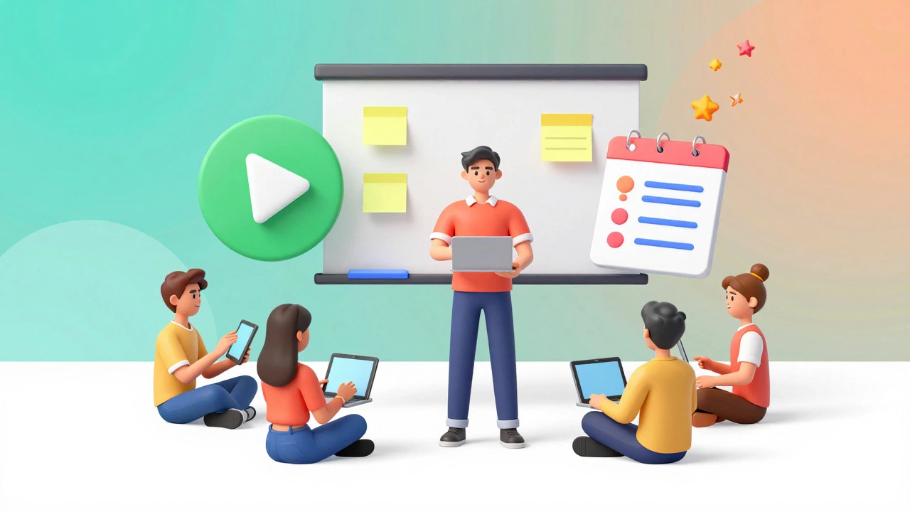 Floating holographic icons representing online teaching tools and apps