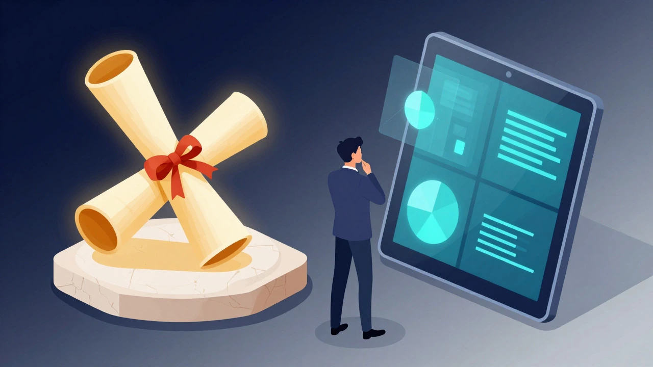 Illustration contrasting a golden diploma with digital skills on a tablet